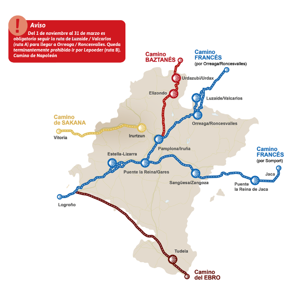 Mapa con los ramales del Camino a su paso por Navarra